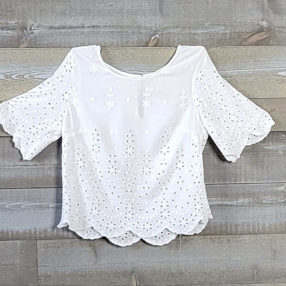Japna Eyelet Scalloped Hem Embroidered Top